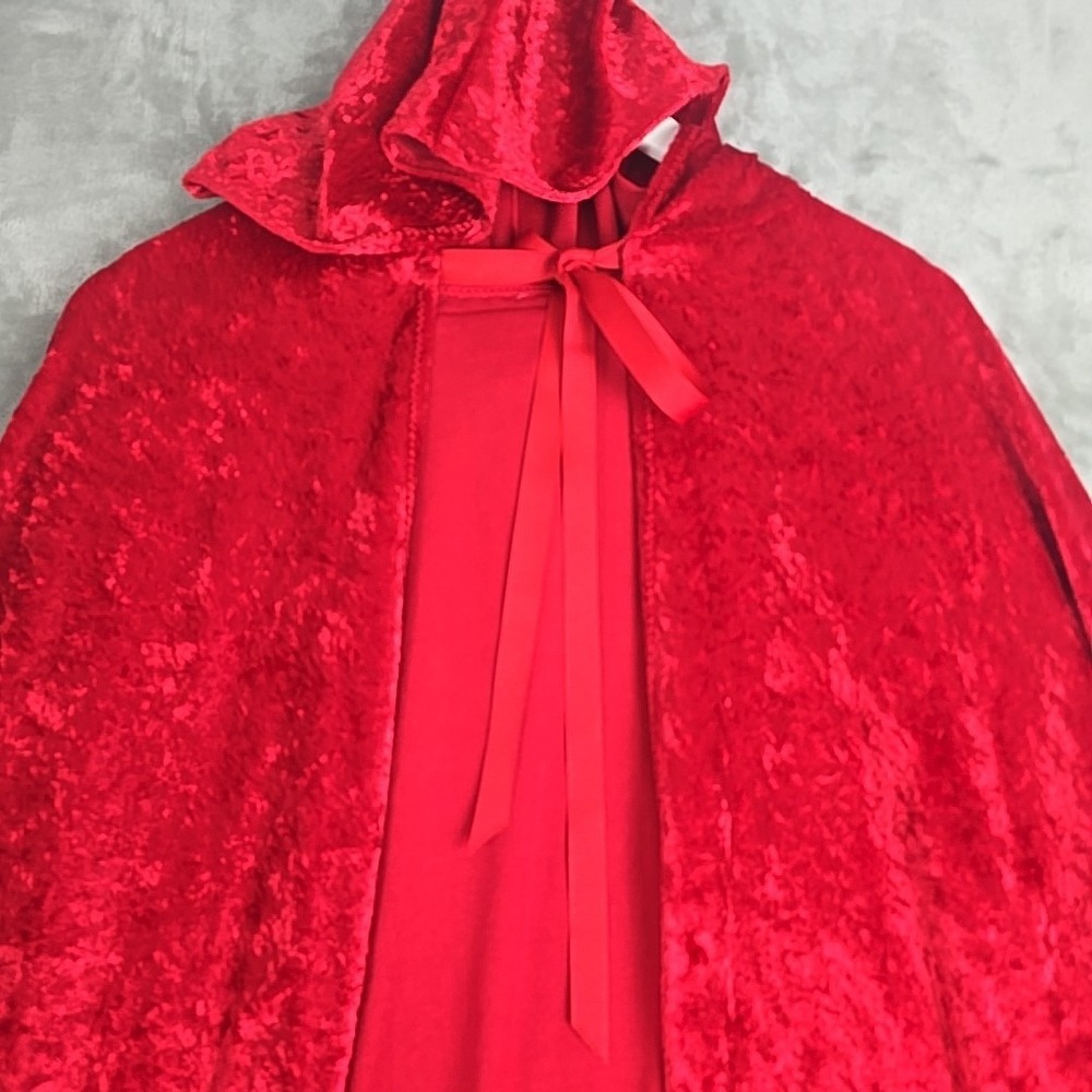 Red Riding Hood Crushed Velvet Red Hooded Cape Costume Halloween Cosplay O/S - Picture 4 of 5